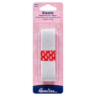 Hemline White Polyester Non-Roll Ribbed Elastic 1m x 25mm