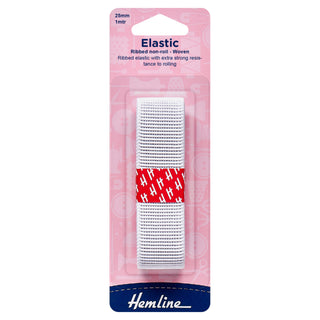 Hemline White Polyester Non-Roll Ribbed Elastic 1m x 25mm
