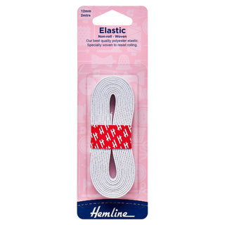 Hemline White Polyester Non-Roll Woven Elastic 2m x 12mm