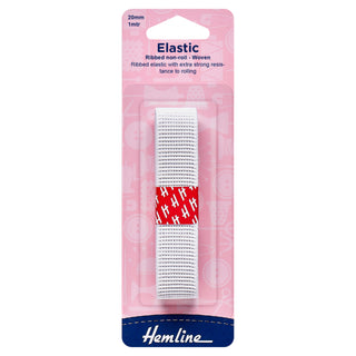 Hemline White Polyester Non-Roll Ribbed Elastic 1m x 20mm