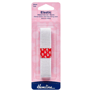 Hemline White Polyester Non-Roll Ribbed Elastic 1m x 20mm