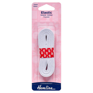 Hemline General Purpose White Polyester Soft Stretch Knitted Elastic 2m x 12mm