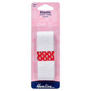 Hemline General Purpose White Polyester Soft Stretch Knitted Elastic 1m x 32mm