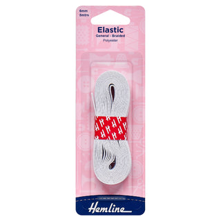 Elastic - Ideal for Making Protective Face Masks. Hemline H620.6 | White Polyester Strong and Durable Braided Elastic 6mm x 5m - H620.6